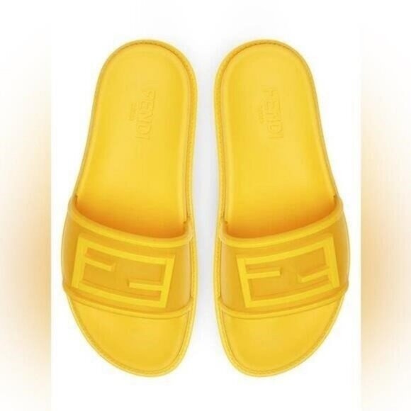 NEW - FENDI Logo-Embossed Baguette Rubber Slide Sandals - Yellow Size US 7 - Picture 2 of 8